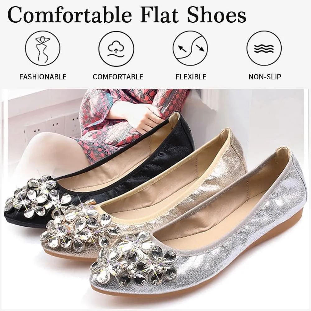 Women's Ballet Flats Foldable Casual Sparkly Rhinestone Wedding Ballerina Shoes Comfort Slip on Walking Flat Shoes