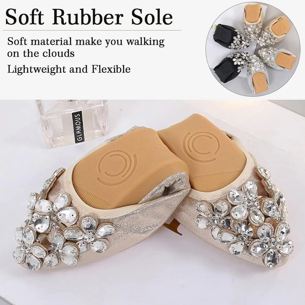 Women's Ballet Flats Foldable Casual Sparkly Rhinestone Wedding Ballerina Shoes Comfort Slip on Walking Flat Shoes