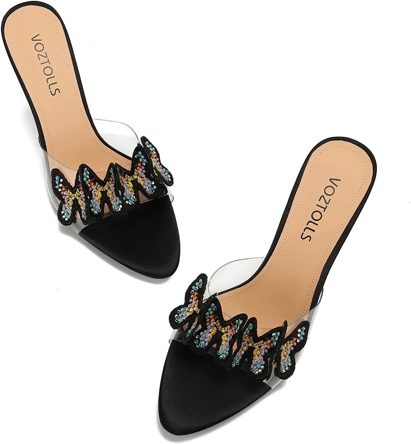 Women's Butterfly Clear High Heels Rhinestone Open Pointed Toe Stiletto Sandals Slip On Transparent Heeled Mules Wedding Dress Shoes