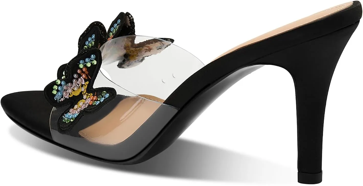 Women's Butterfly Clear High Heels Rhinestone Open Pointed Toe Stiletto Sandals Slip On Transparent Heeled Mules Wedding Dress Shoes