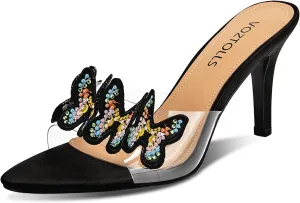 Women's Butterfly Clear High Heels Rhinestone Open Pointed Toe Stiletto Sandals Slip On Transparent Heeled Mules Wedding Dress Shoes