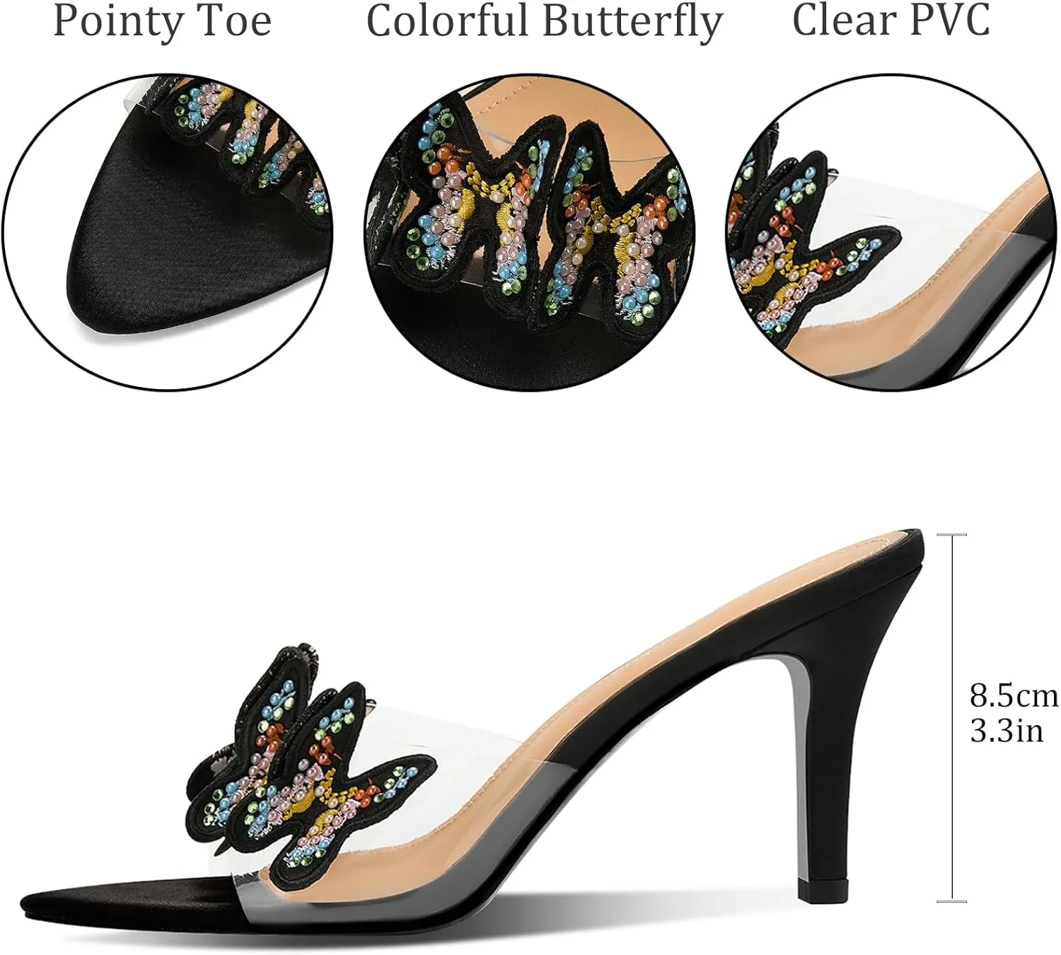 Women's Butterfly Clear High Heels Rhinestone Open Pointed Toe Stiletto Sandals Slip On Transparent Heeled Mules Wedding Dress Shoes