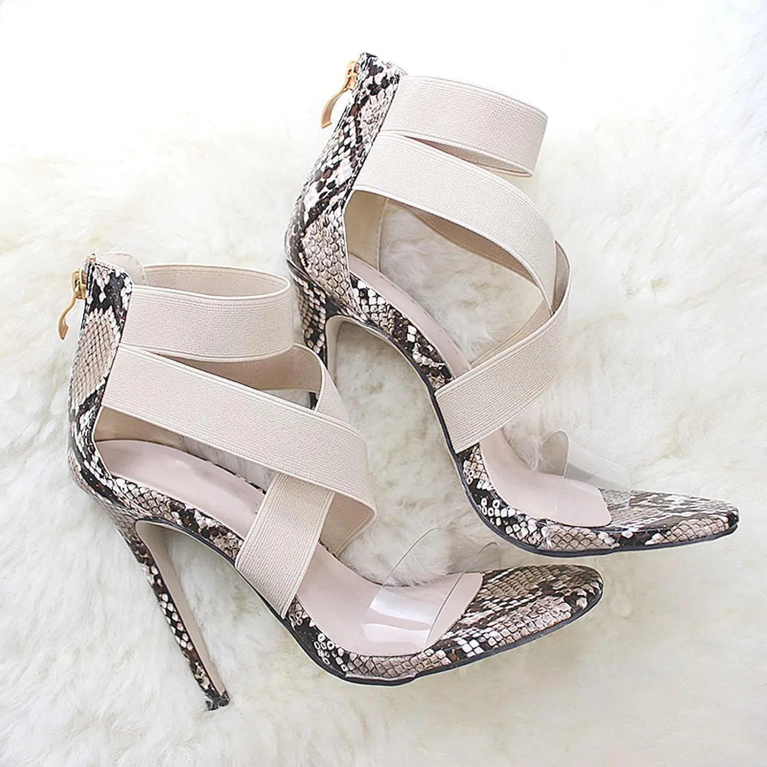 Womens Clear Strap Stiletto Sandals Fashion Snake Pattern Cross Straps Back Zipper Open Toe Thin High Heels Summer Comfortable Casual Shoes