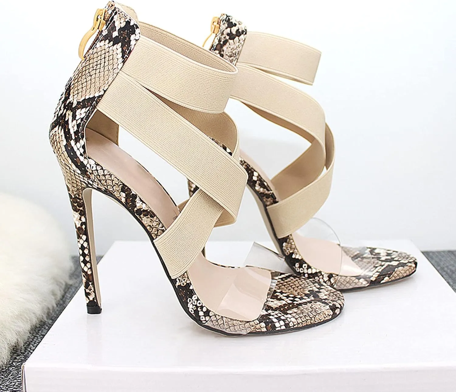 Womens Clear Strap Stiletto Sandals Fashion Snake Pattern Cross Straps Back Zipper Open Toe Thin High Heels Summer Comfortable Casual Shoes