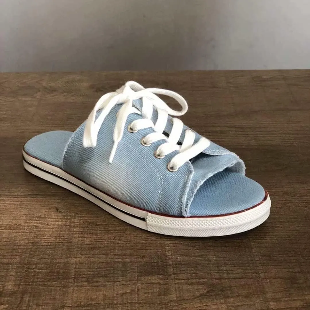 Womens Denim Slippers Sandals Summer Casual Lace Up Open Toe Canvas Denim Slides Sandal Walk Sports Sneakers Shoes Comfy Slip-On Sandals
