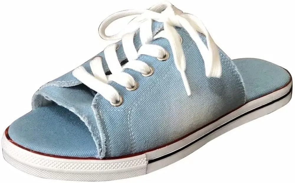Womens Denim Slippers Sandals Summer Casual Lace Up Open Toe Canvas Denim Slides Sandal Walk Sports Sneakers Shoes Comfy Slip-On Sandals