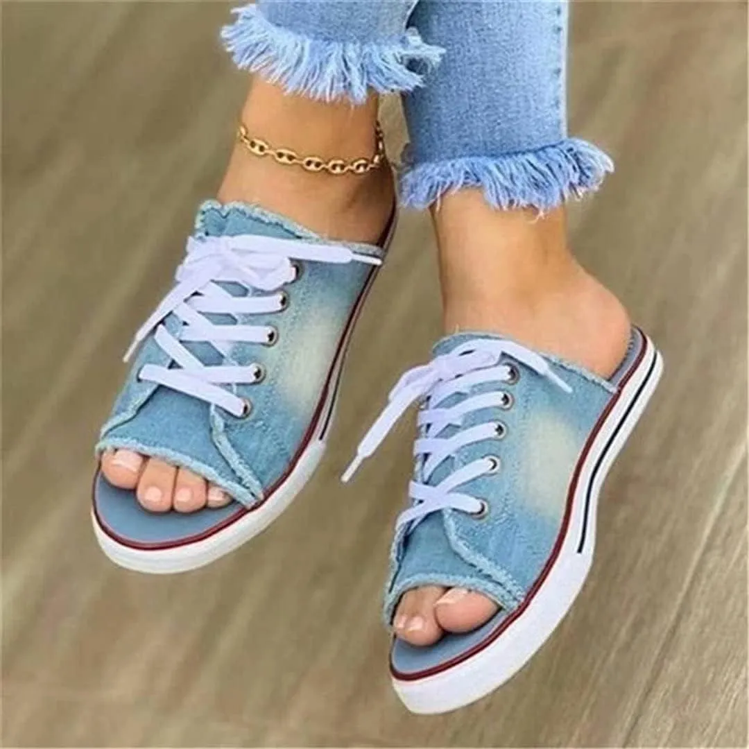 Womens Denim Slippers Sandals Summer Casual Lace Up Open Toe Canvas Denim Slides Sandal Walk Sports Sneakers Shoes Comfy Slip-On Sandals