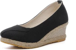 Womens Espadrilles Wedges Sandals Platform Heels Wedge Sandals Slip On Woven Wedges Pumps Shoes Comfortable Platform Wedge Sandal Solid Closed Pointed Toe Shoes Breathable Comfy Walking Shoe
