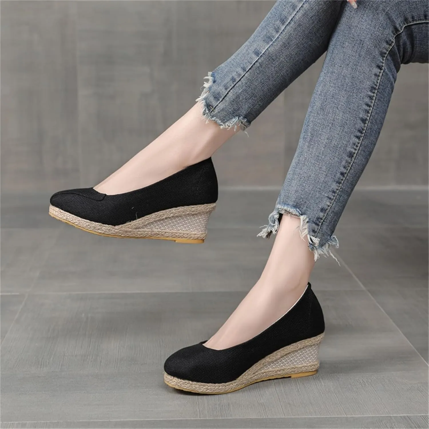 Womens Espadrilles Wedges Sandals Platform Heels Wedge Sandals Slip On Woven Wedges Pumps Shoes Comfortable Platform Wedge Sandal Solid Closed Pointed Toe Shoes Breathable Comfy Walking Shoe