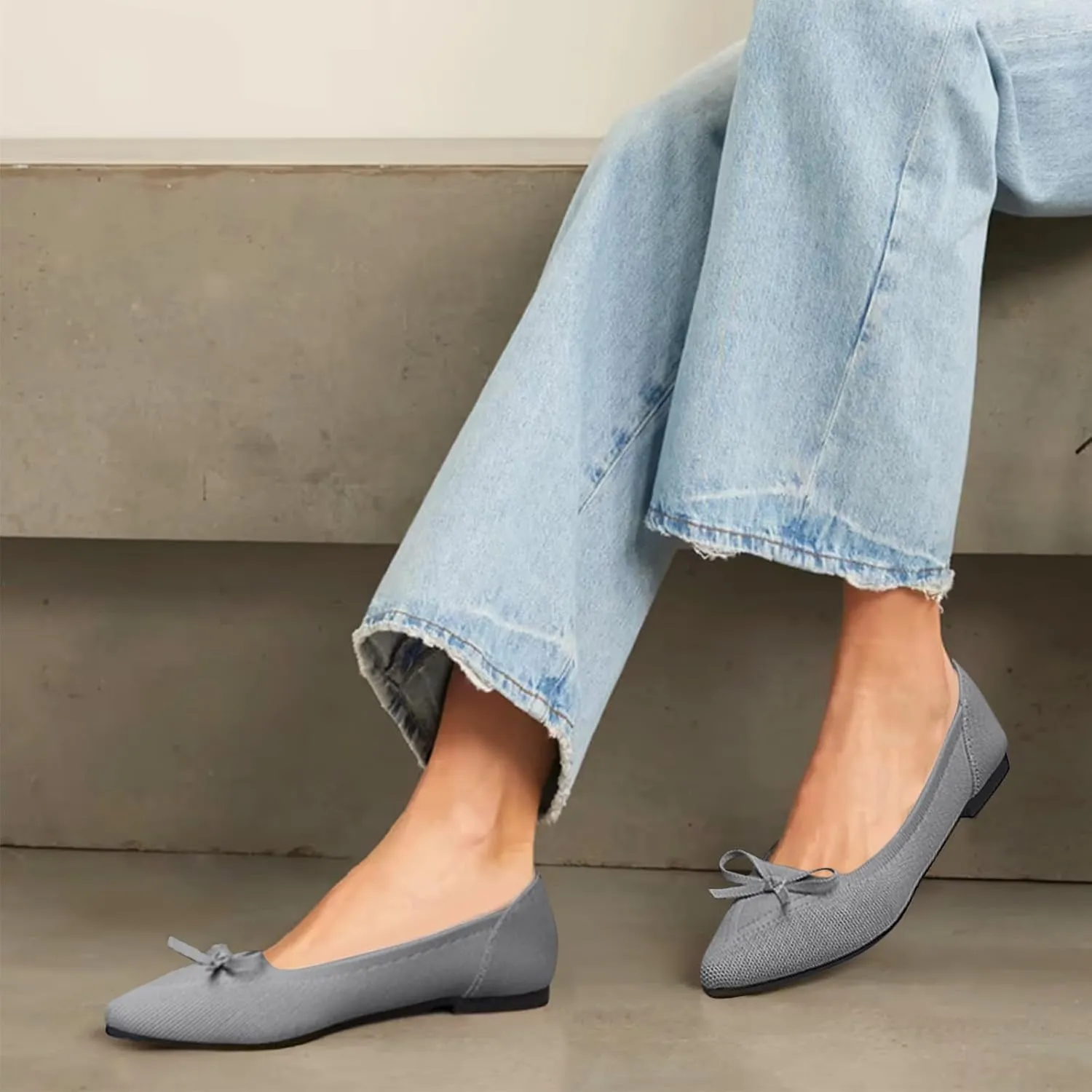 Women's Flats Pointed Toe Bow Knit Ballet Shoes Comfortable Dressy Mesh Slip On Flat