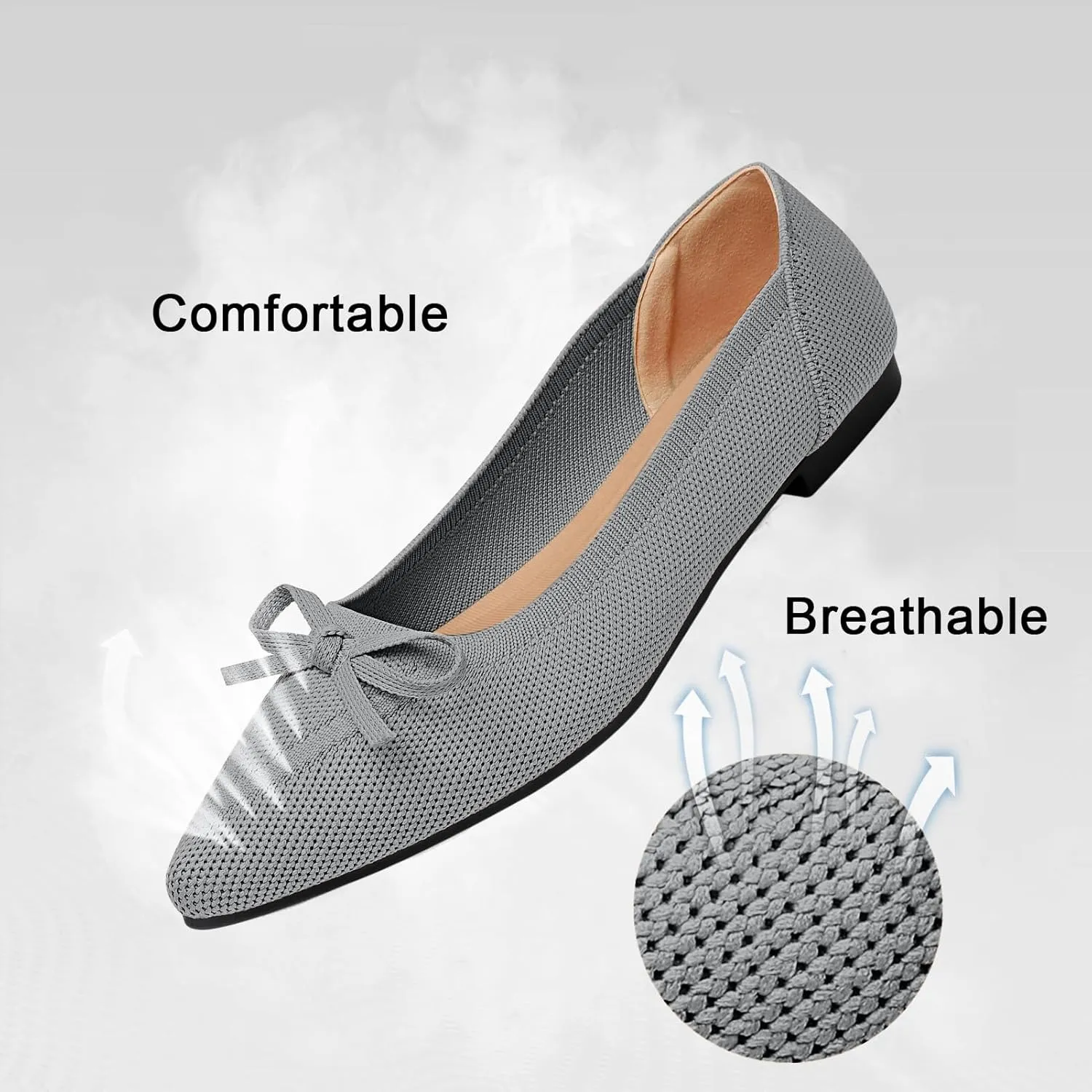 Women's Flats Pointed Toe Bow Knit Ballet Shoes Comfortable Dressy Mesh Slip On Flat
