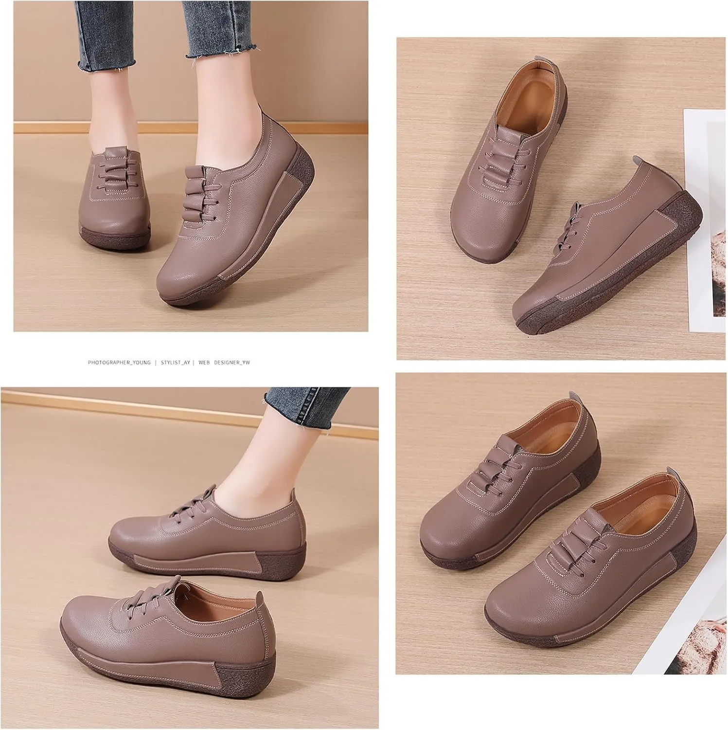 Women's Genuine Leather Lace-up Wedge Sneakers Fashion Breathable Low Top Platform Slip-on Casual Walking Shoes Comfortable Round Toe Non-Slip Work Rocker Shoes