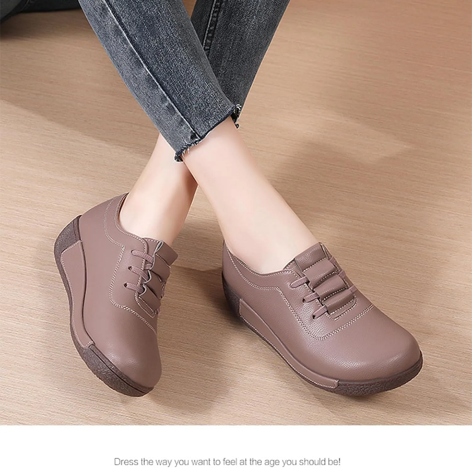 Women's Genuine Leather Lace-up Wedge Sneakers Fashion Breathable Low Top Platform Slip-on Casual Walking Shoes Comfortable Round Toe Non-Slip Work Rocker Shoes