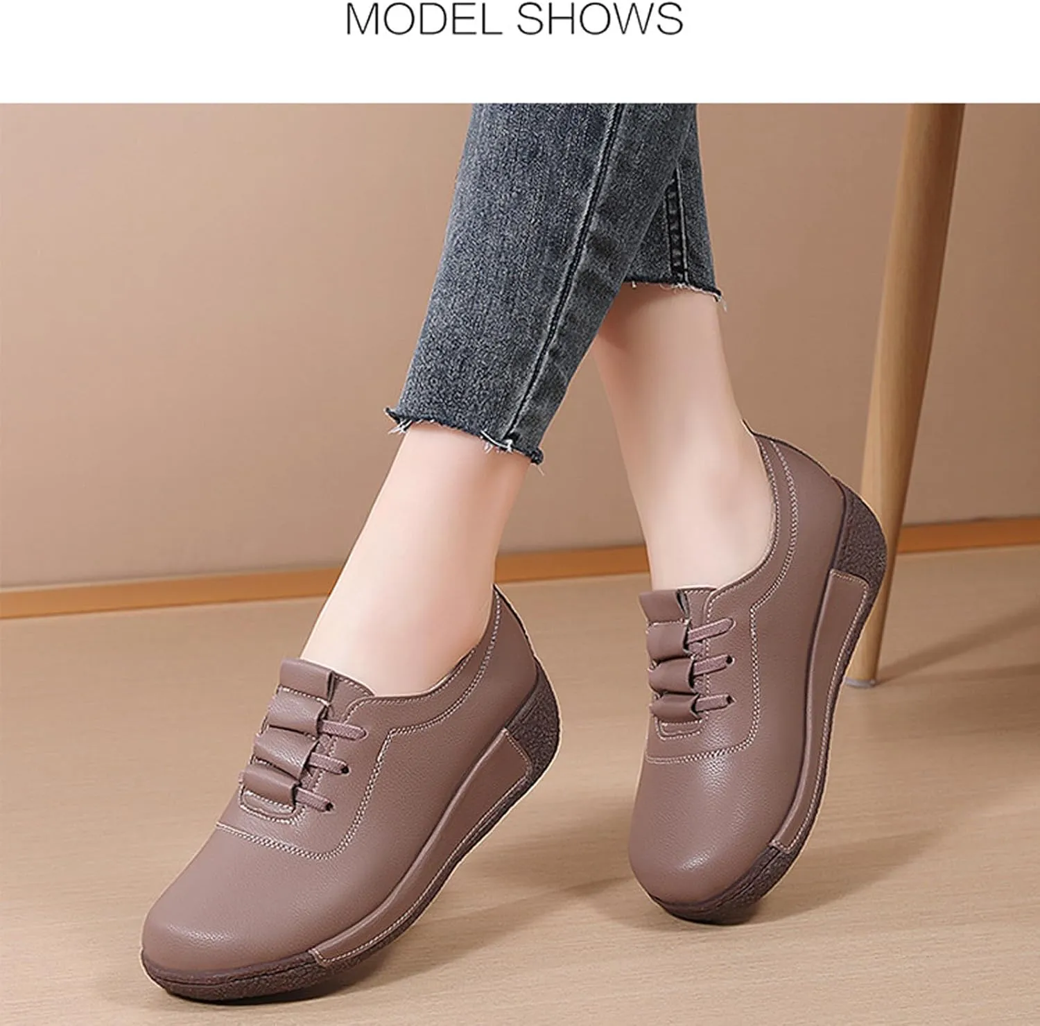 Women's Genuine Leather Lace-up Wedge Sneakers Fashion Breathable Low Top Platform Slip-on Casual Walking Shoes Comfortable Round Toe Non-Slip Work Rocker Shoes