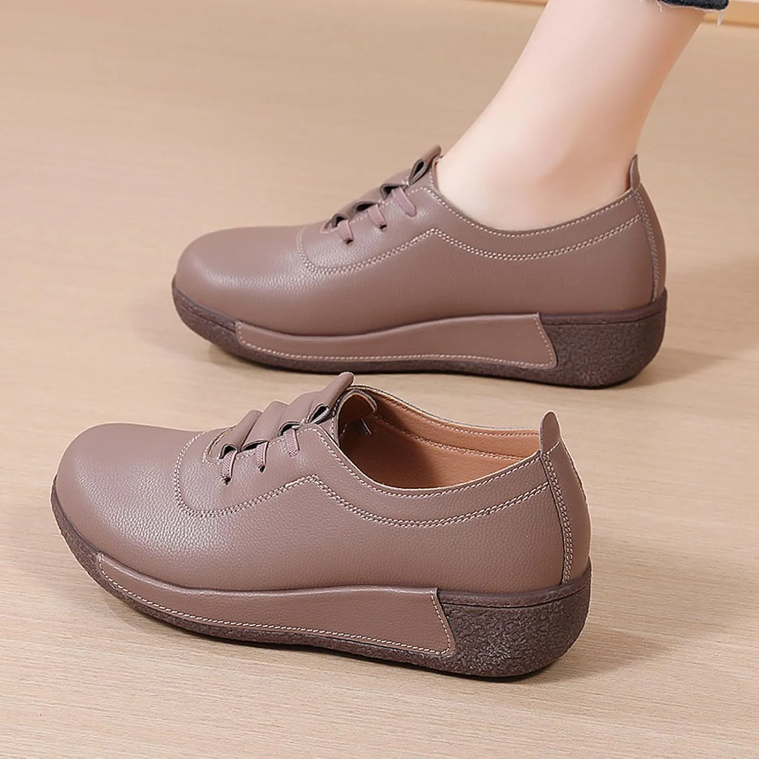 Women's Genuine Leather Lace-up Wedge Sneakers Fashion Breathable Low Top Platform Slip-on Casual Walking Shoes Comfortable Round Toe Non-Slip Work Rocker Shoes