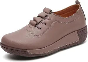 Women's Genuine Leather Lace-up Wedge Sneakers Fashion Breathable Low Top Platform Slip-on Casual Walking Shoes Comfortable Round Toe Non-Slip Work Rocker Shoes
