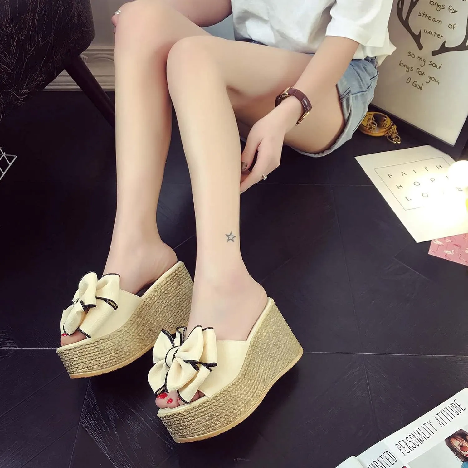 Women's High Heeled Bow-Knot Platform Wedge Flip-Flops Beach Sandals Fashion Espadrille Slippers Summer Thong