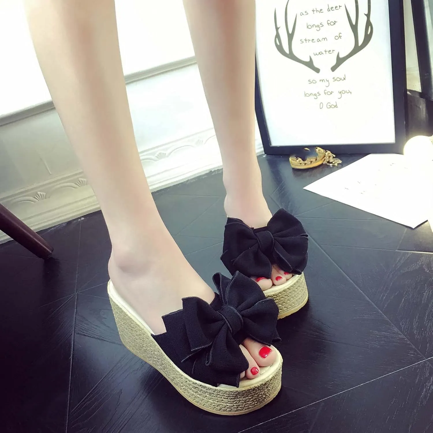 Women's High Heeled Bow-Knot Platform Wedge Flip-Flops Beach Sandals Fashion Espadrille Slippers Summer Thong