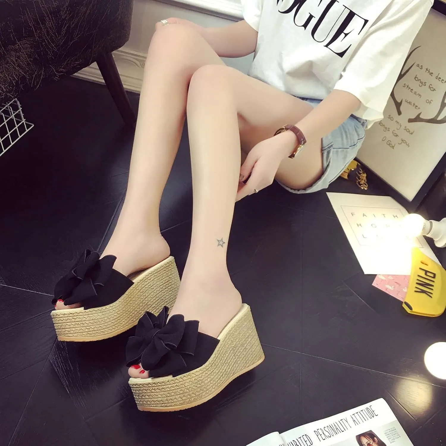 Women's High Heeled Bow-Knot Platform Wedge Flip-Flops Beach Sandals Fashion Espadrille Slippers Summer Thong