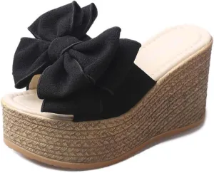 Women's High Heeled Bow-Knot Platform Wedge Flip-Flops Beach Sandals Fashion Espadrille Slippers Summer Thong