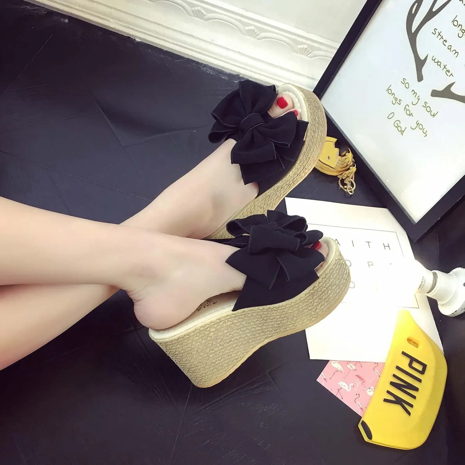 Women's High Heeled Bow-Knot Platform Wedge Flip-Flops Beach Sandals Fashion Espadrille Slippers Summer Thong