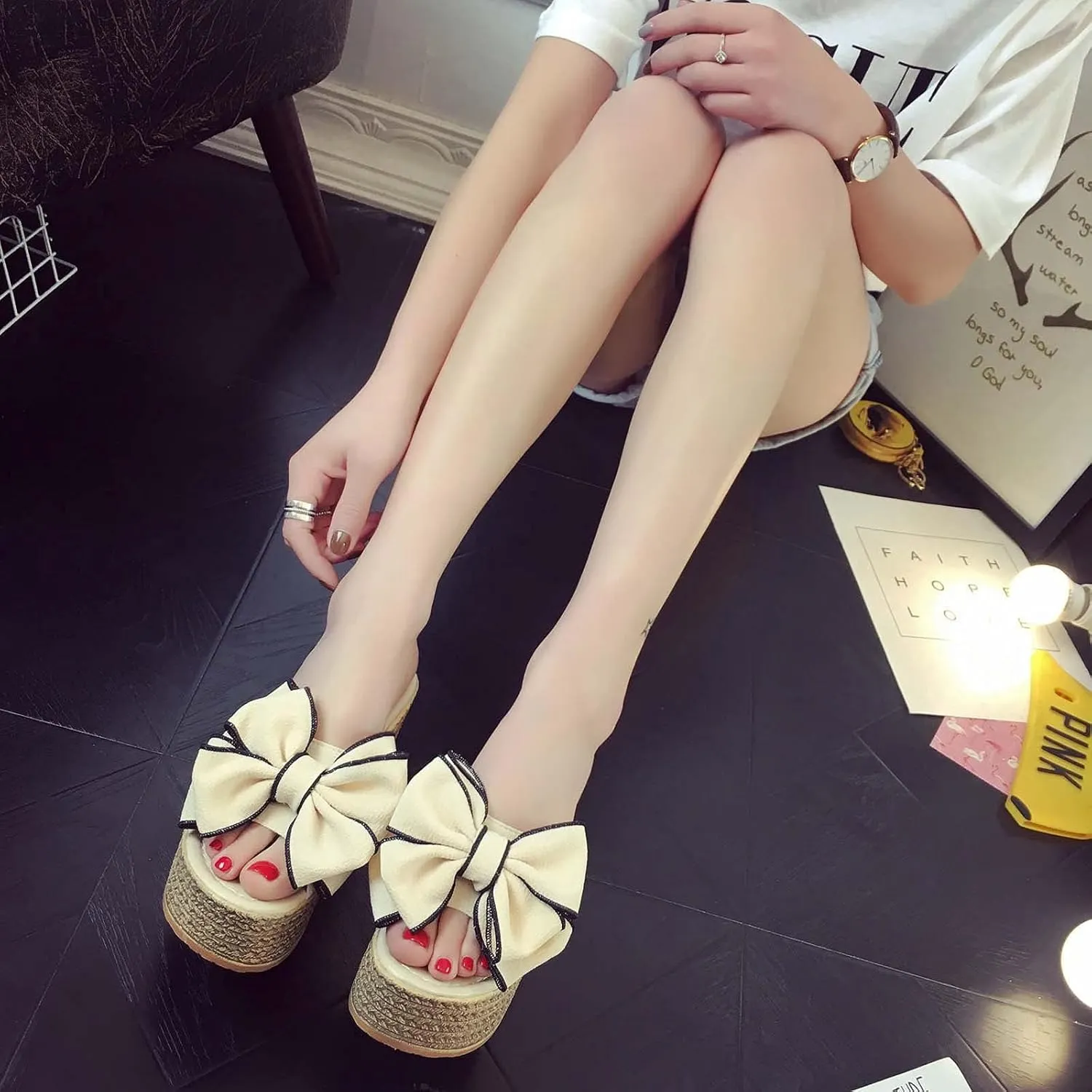 Women's High Heeled Bow-Knot Platform Wedge Flip-Flops Beach Sandals Fashion Espadrille Slippers Summer Thong
