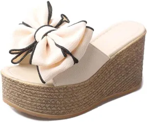 Women's High Heeled Bow-Knot Platform Wedge Flip-Flops Beach Sandals Fashion Espadrille Slippers Summer Thong