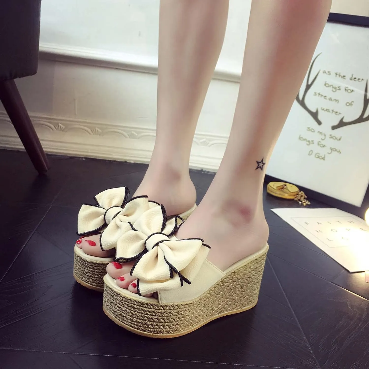Women's High Heeled Bow-Knot Platform Wedge Flip-Flops Beach Sandals Fashion Espadrille Slippers Summer Thong