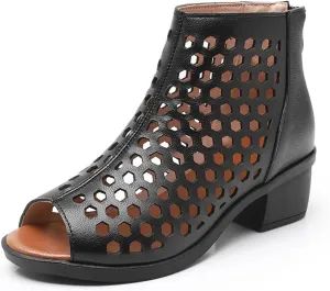 Women's Leather Cutout Chunky Heel Fish Mouth Roman Sandals With Back Zipper Summer Round Peep Toe Low Block Heel Hollow Out Gladiator Boot Sandals For Walking Shopping Holiday