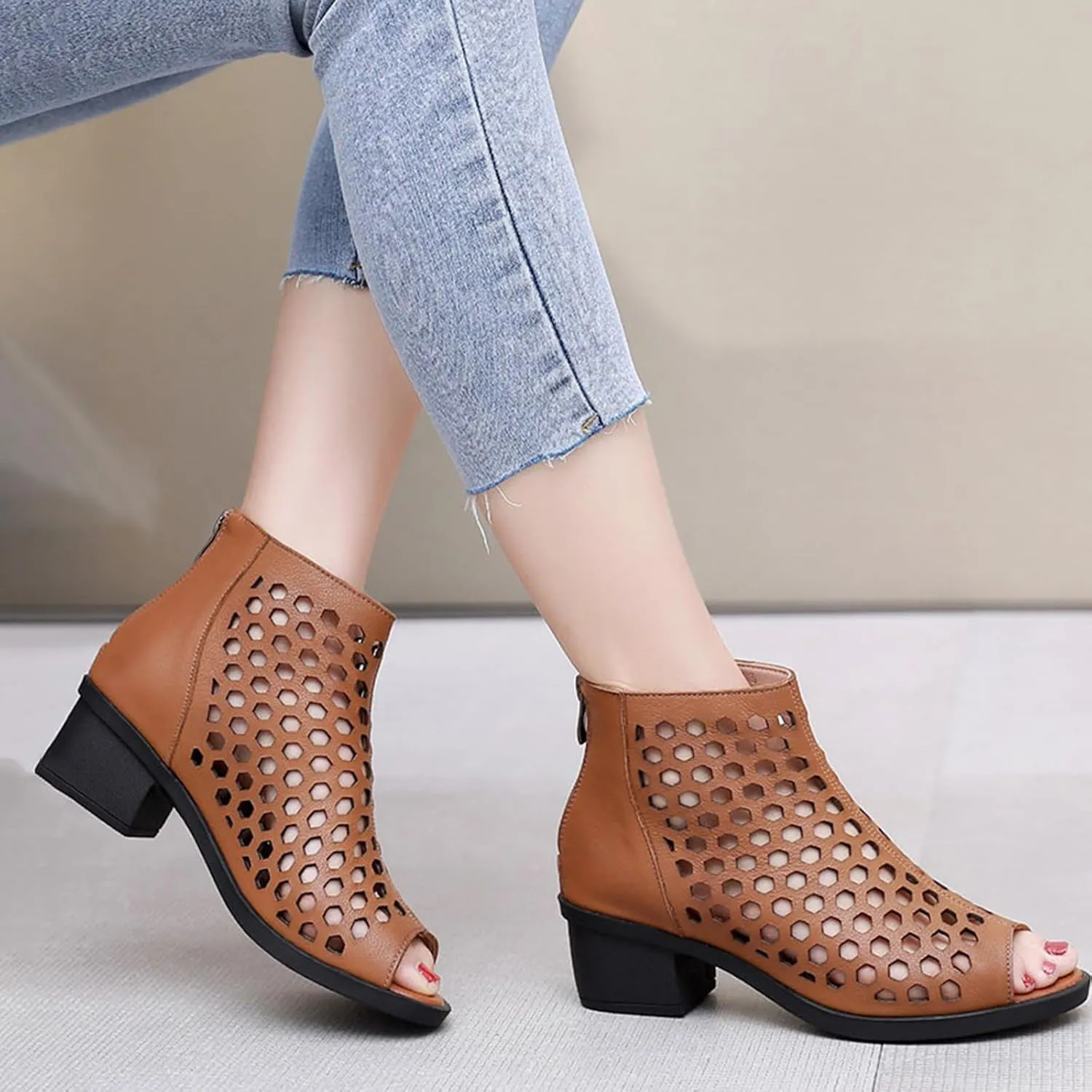 Women's Leather Cutout Chunky Heel Fish Mouth Roman Sandals With Back Zipper Summer Round Peep Toe Low Block Heel Hollow Out Gladiator Boot Sandals For Walking Shopping Holiday