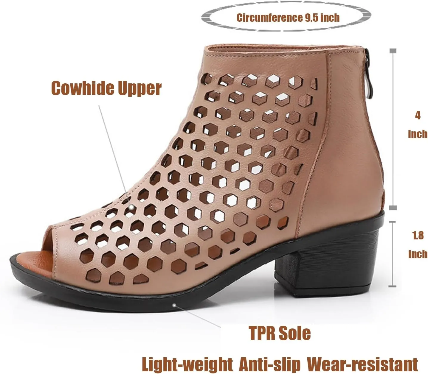 Women's Leather Cutout Chunky Heel Fish Mouth Roman Sandals With Back Zipper Summer Round Peep Toe Low Block Heel Hollow Out Gladiator Boot Sandals For Walking Shopping Holiday