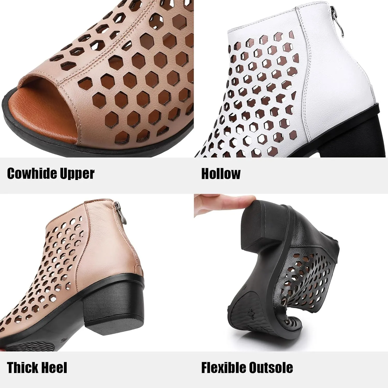 Women's Leather Cutout Chunky Heel Fish Mouth Roman Sandals With Back Zipper Summer Round Peep Toe Low Block Heel Hollow Out Gladiator Boot Sandals For Walking Shopping Holiday