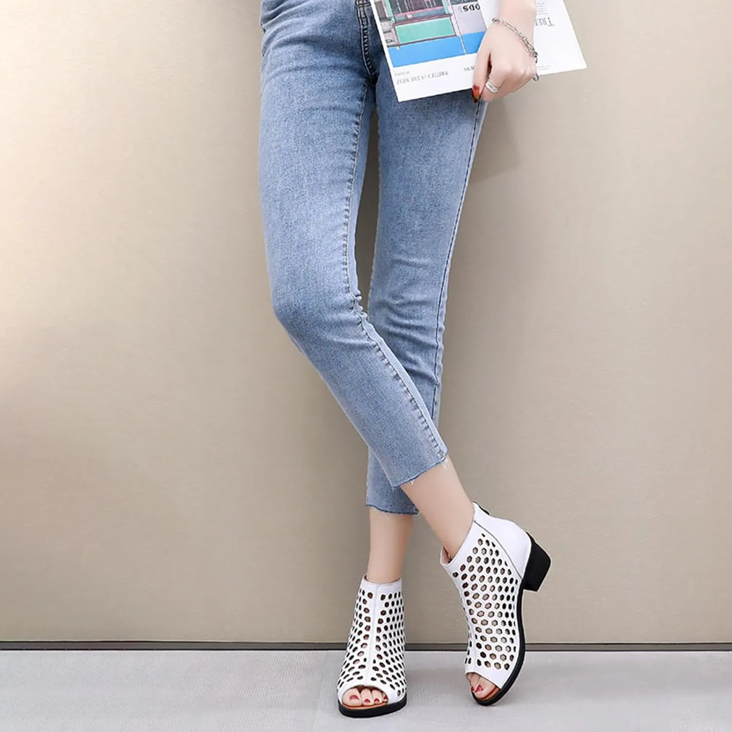 Women's Leather Cutout Chunky Heel Fish Mouth Roman Sandals With Back Zipper Summer Round Peep Toe Low Block Heel Hollow Out Gladiator Boot Sandals For Walking Shopping Holiday