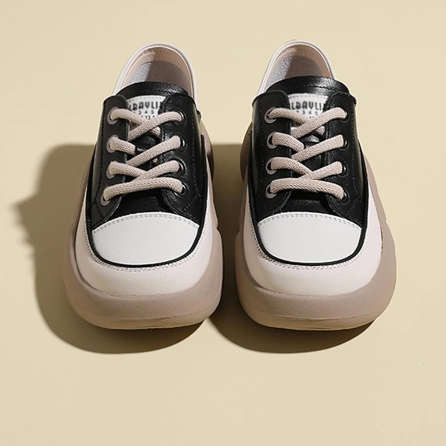 Women's Leather Lace Up Platform Sneakers,Comfortable Round Toe Increase Height Casual Walking Sport Shoes Fashion Breathable Slip-On Anti-Slip Running Sneakers