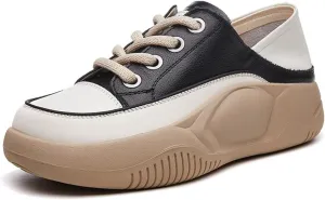 Women's Leather Lace Up Platform Sneakers,Comfortable Round Toe Increase Height Casual Walking Sport Shoes Fashion Breathable Slip-On Anti-Slip Running Sneakers