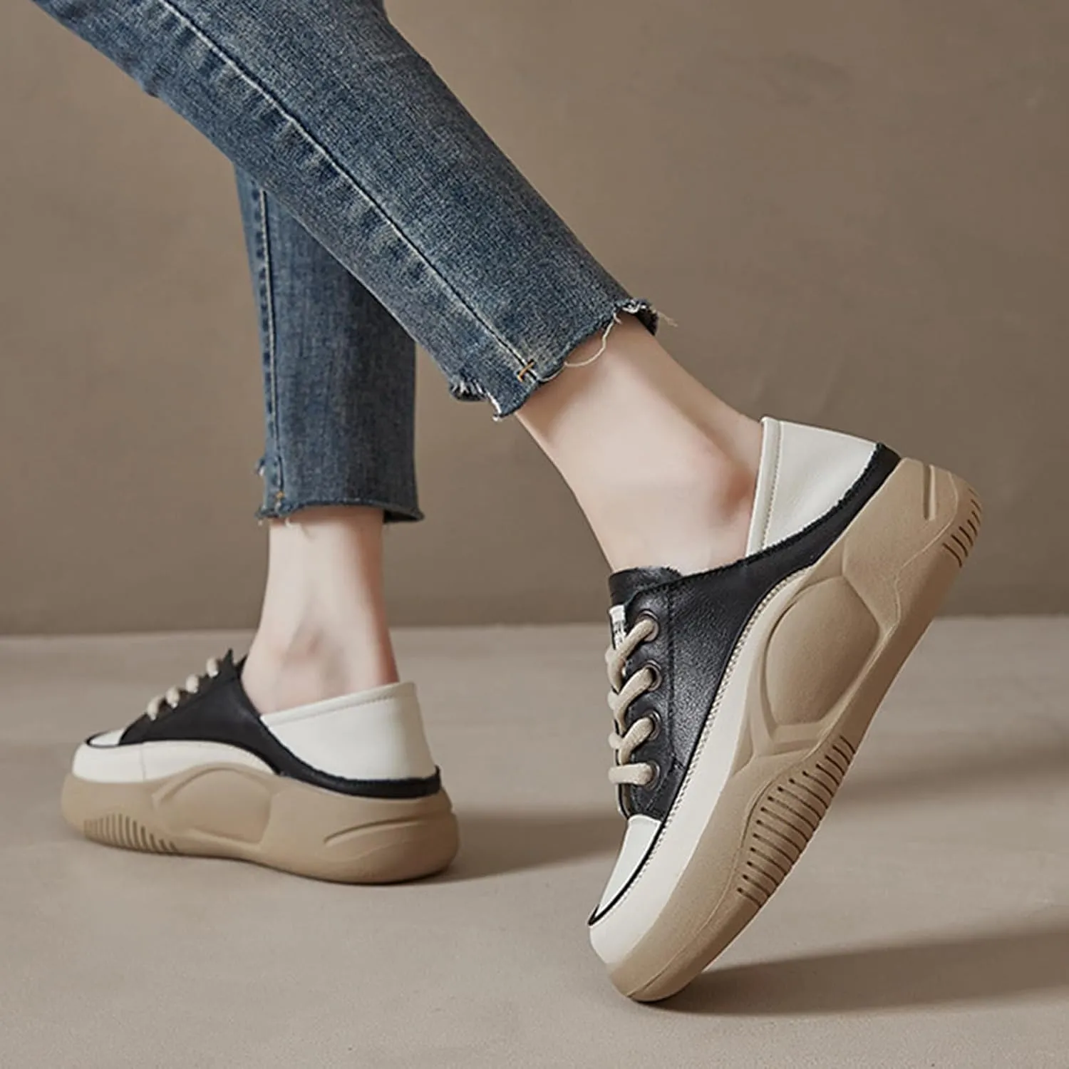 Women's Leather Lace Up Platform Sneakers,Comfortable Round Toe Increase Height Casual Walking Sport Shoes Fashion Breathable Slip-On Anti-Slip Running Sneakers