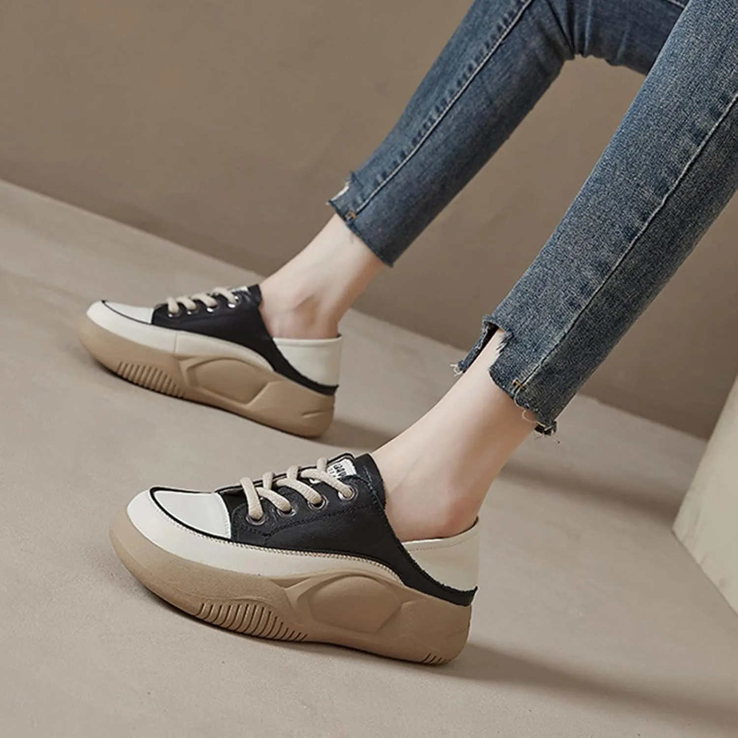 Women's Leather Lace Up Platform Sneakers,Comfortable Round Toe Increase Height Casual Walking Sport Shoes Fashion Breathable Slip-On Anti-Slip Running Sneakers