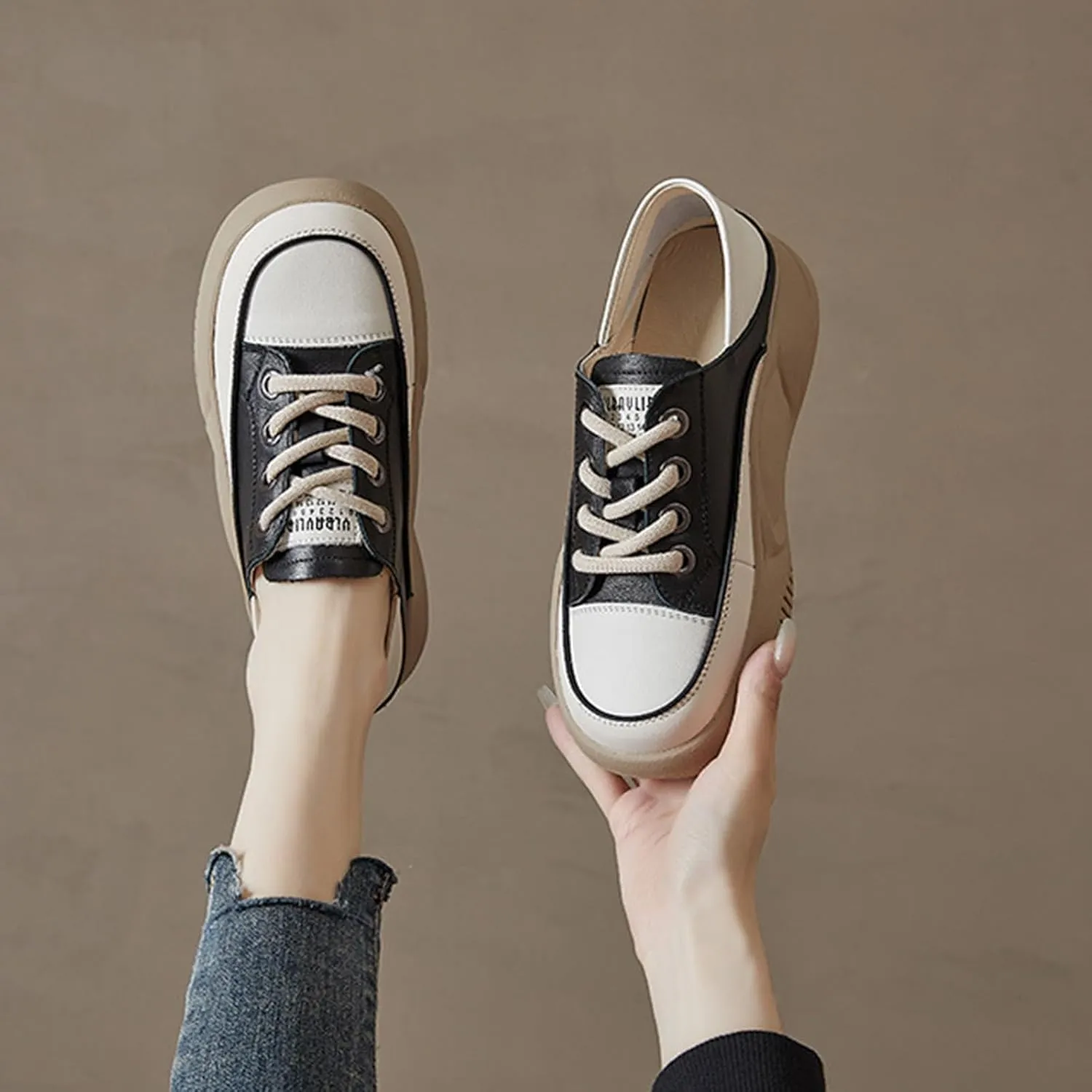 Women's Leather Lace Up Platform Sneakers,Comfortable Round Toe Increase Height Casual Walking Sport Shoes Fashion Breathable Slip-On Anti-Slip Running Sneakers