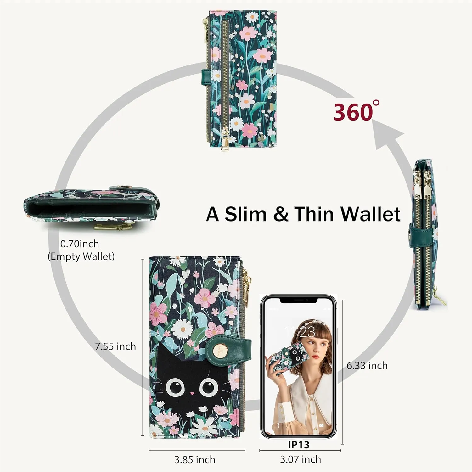 Womens Leather Wallet RFID Blocking Slim Bifold Credit Card Holder Travel Wallet with Double Zipper Pocket(Cat)