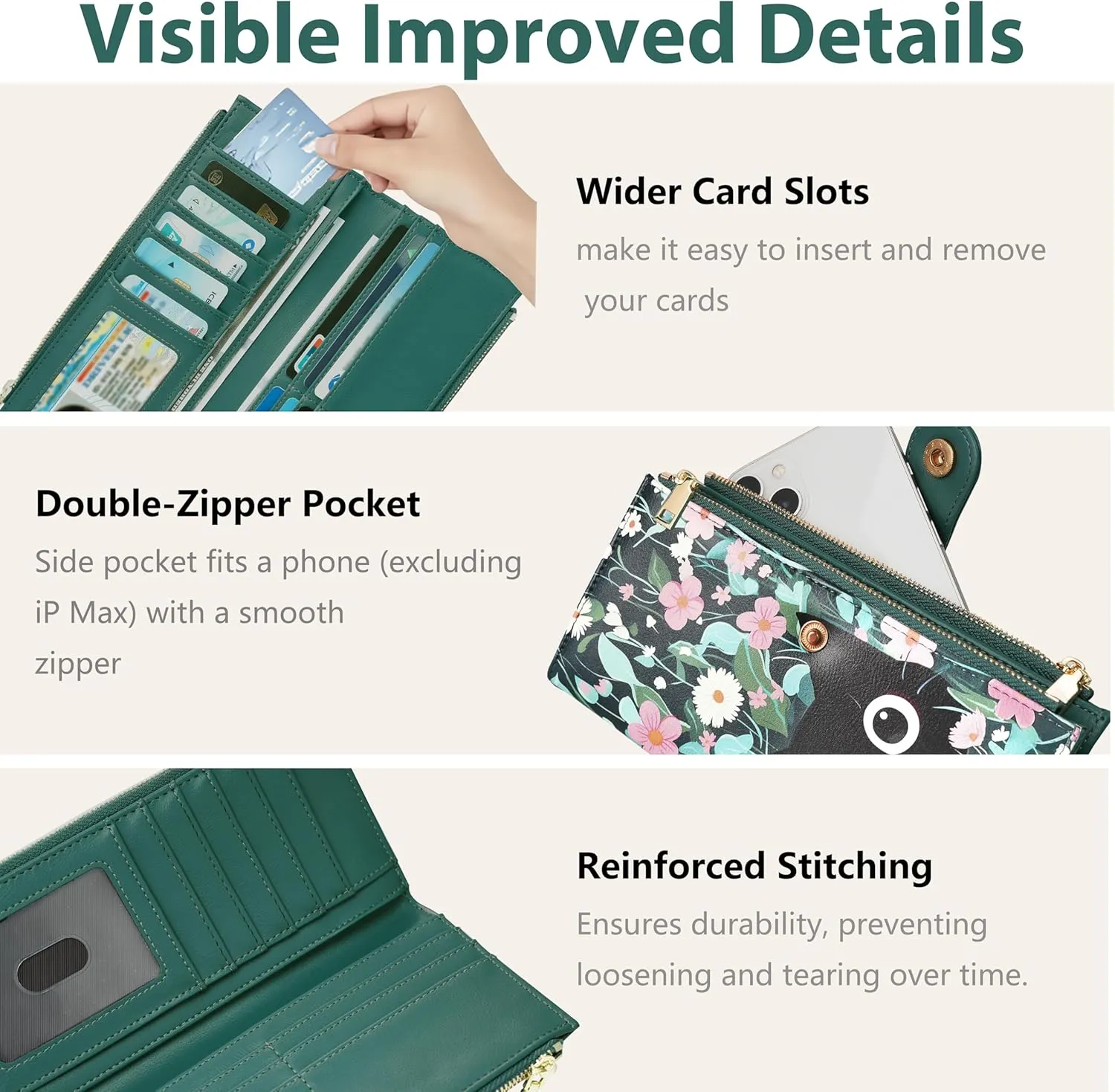 Womens Leather Wallet RFID Blocking Slim Bifold Credit Card Holder Travel Wallet with Double Zipper Pocket(Cat)