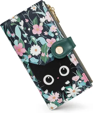 Womens Leather Wallet RFID Blocking Slim Bifold Credit Card Holder Travel Wallet with Double Zipper Pocket(Cat)