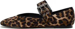 Women's Leopard Print Mary Jane Flats Square Toe Suede Ballet Flats for Women Buckle Strap Comfortable Fall Ballerina Shoes