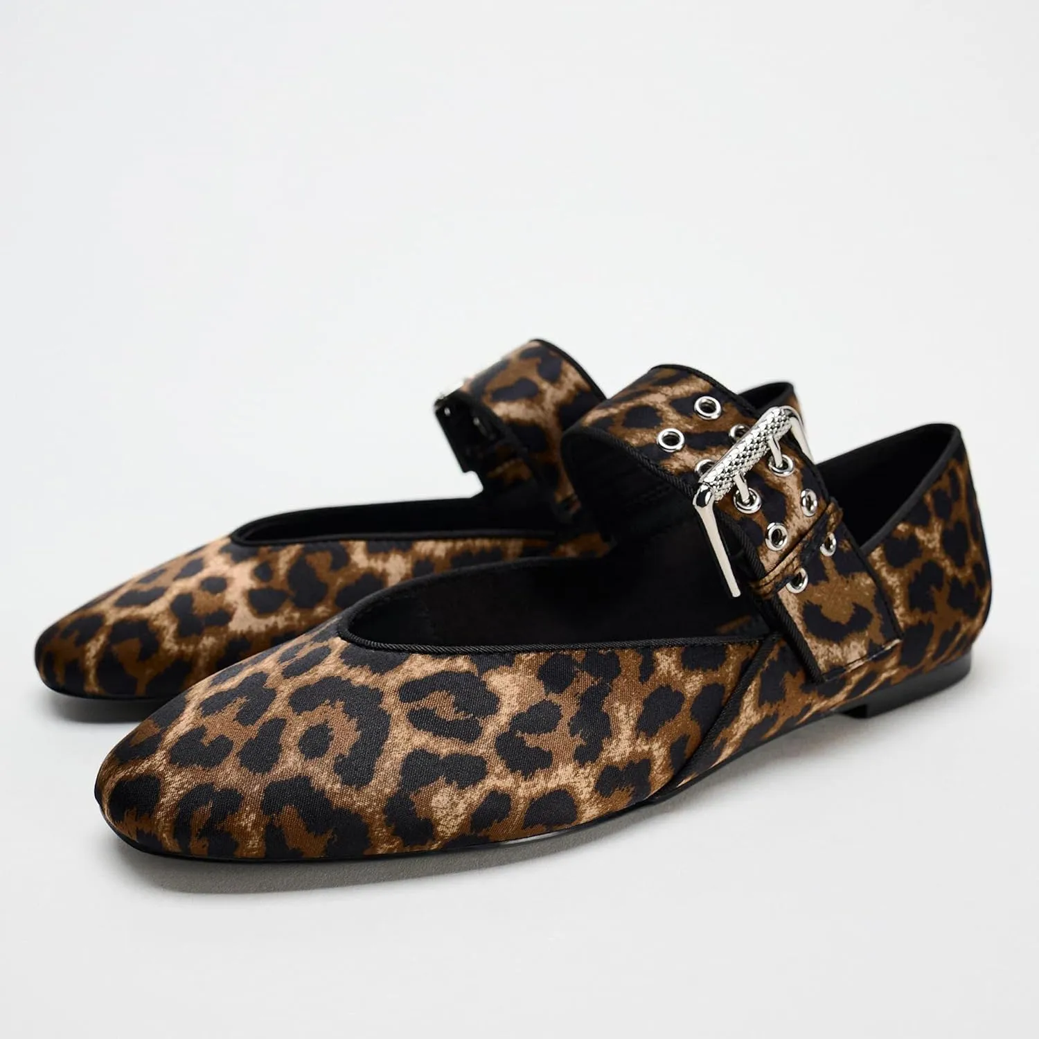 Women's Leopard Print Mary Jane Flats Square Toe Suede Ballet Flats for Women Buckle Strap Comfortable Fall Ballerina Shoes