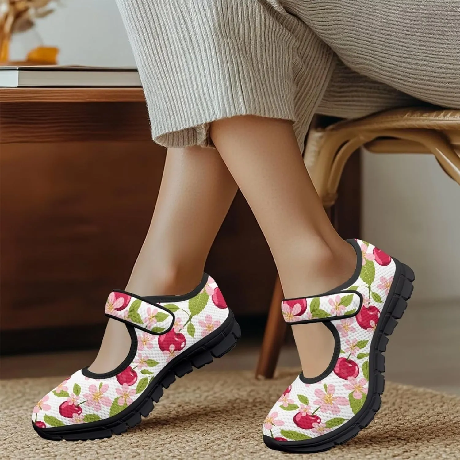 Womens Mary Jane Shoes Fruits Print Lightweight Breathable Anti Slip Casual Sneaker with Magic Sticker