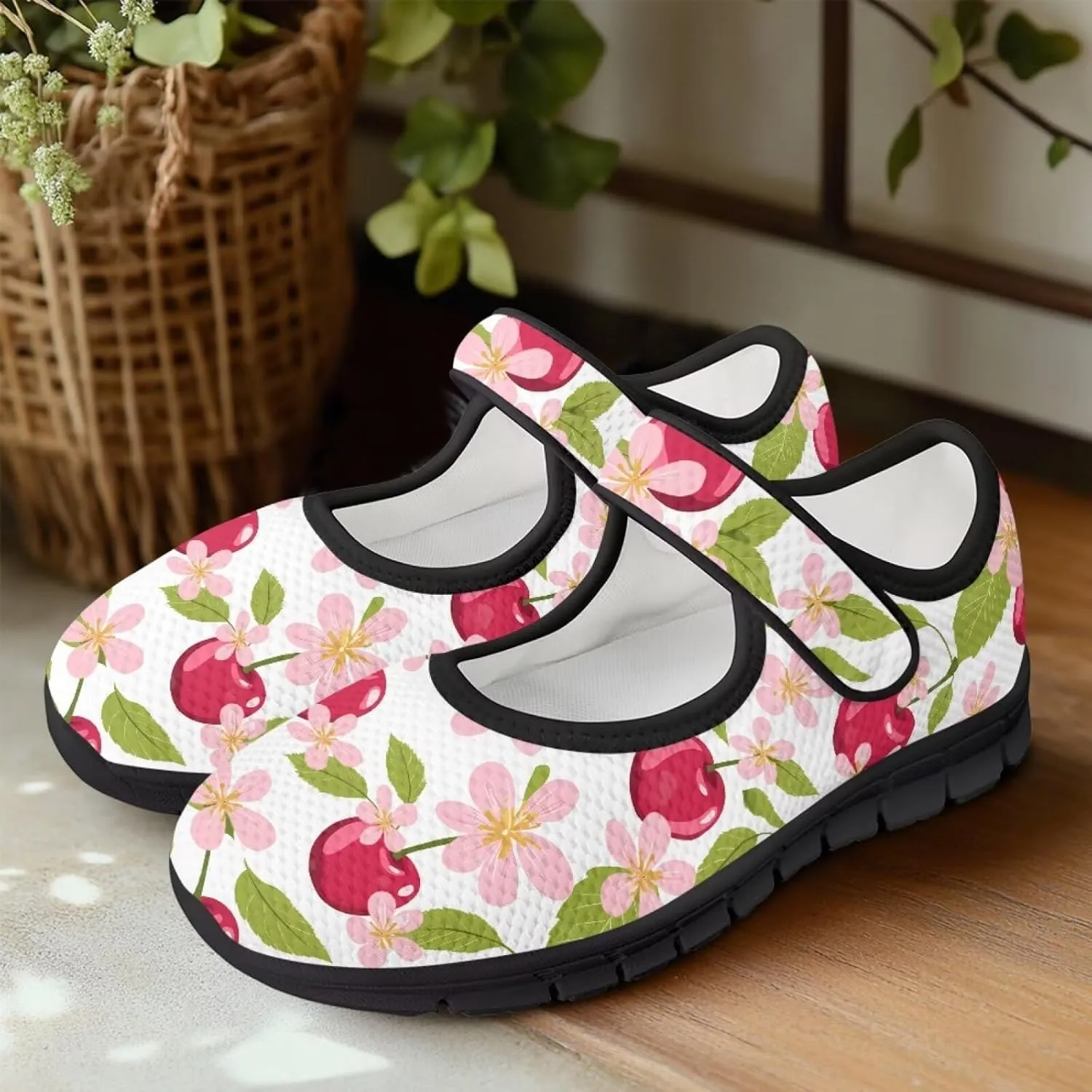 Womens Mary Jane Shoes Fruits Print Lightweight Breathable Anti Slip Casual Sneaker with Magic Sticker