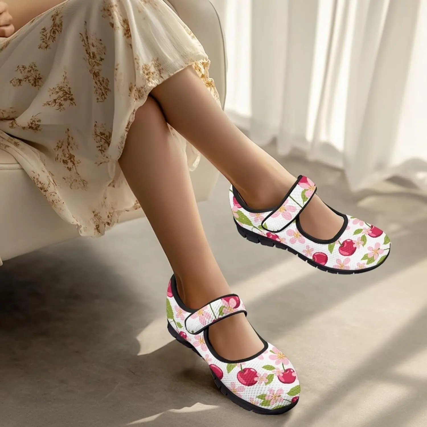 Womens Mary Jane Shoes Fruits Print Lightweight Breathable Anti Slip Casual Sneaker with Magic Sticker