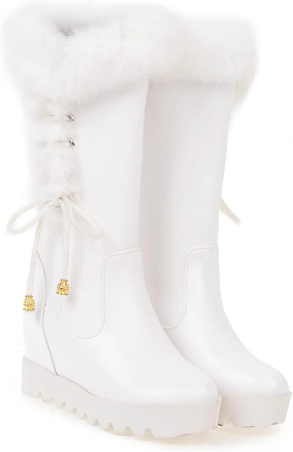 Women's Mid-Calf Winter Platform Hidden Wedge Boots Slip-on Thick Rabbit Fur Collar Warm Waterproof Stretch Leather Non-slip Snow Boot