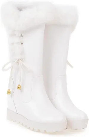 Women's Mid-Calf Winter Platform Hidden Wedge Boots Slip-on Thick Rabbit Fur Collar Warm Waterproof Stretch Leather Non-slip Snow Boot