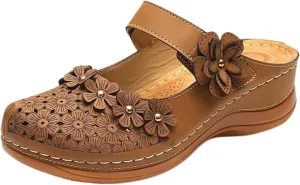 Womens Mule Closed Toe Slip On Clogs Mules Shoes for Women Dressy Summer Casual Wedge Sandals with Adjustable Hook Loop Comfortable Low Heel Orthopedic Sandal Round Head Anti-Slip Soft Bottom Footwear