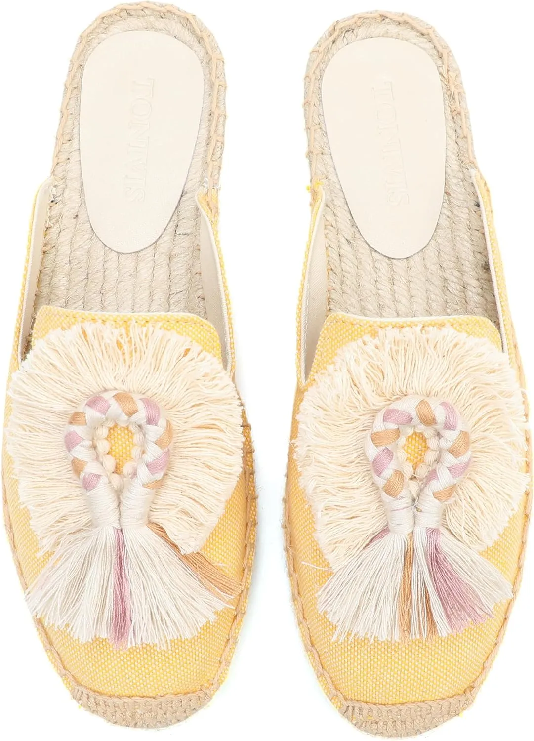 Women's Mule Flat Shoes with Tassel & Pompom, Espadrilles Slides Backless Slipper Slip on Shoes